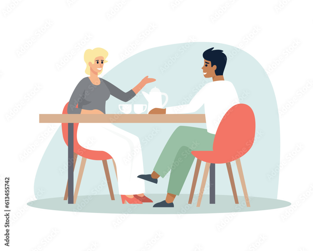 Colored cartoon multinational couple meeting and talking. Colleagues having conversation in modern restaurants. Friends spending time together in cafe. Vector