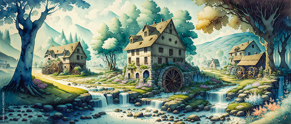Obraz premium Serenity Falls: Watercolor Countryside Landscape with Old Mill Amidst Nature., Generative AI