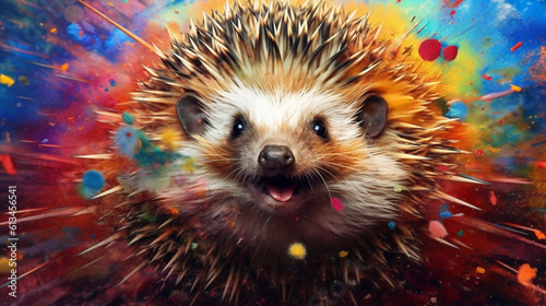 Hedgehog among explosions of multi colored paint. Multicolored fluid. AI Generative.