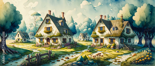 Charming Abodes: Watercolor Countryside Landscape with Old Houses Amidst Nature., Generative AI