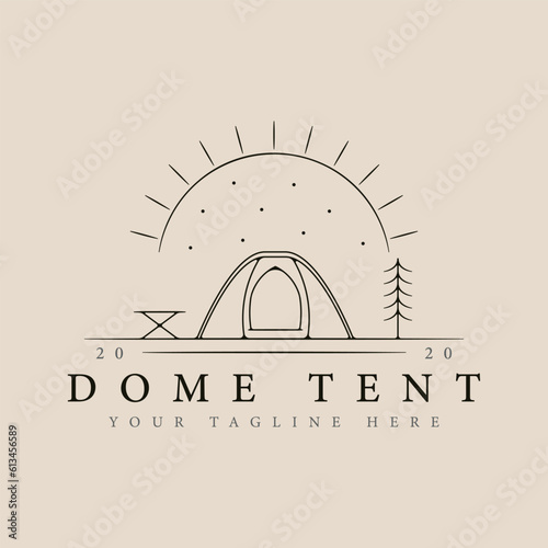 Photo dome tent outdoor line art logo design with sun burst minimalist style logo vector illustration design