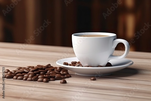A cup of coffee with saucer or plate on wooden table. Coffee beans on a saucer or plate and wooden table. Studio light. Generative Ai