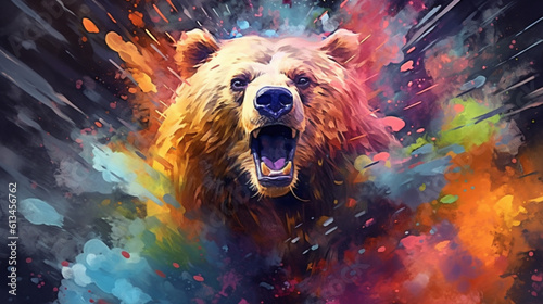 Bear among explosions of multi colored paint. Multicolored fluid. AI Generative.