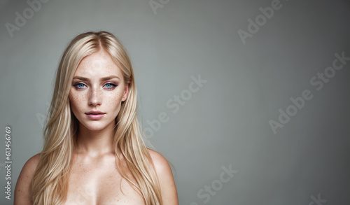 illustrazione generative ai di ritratto giovane modella dai lunghi capelli biondi lisci sciolti sulle spalle, occhi azzurri, efelidi, sguardo sereno, pelle luminosa, sfondo grigio di luce diffusa