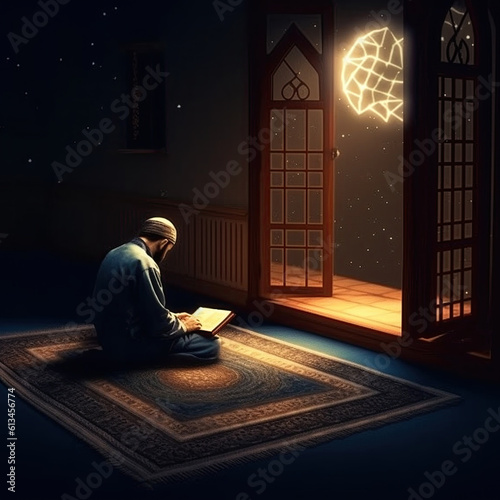 A muslim and muslim woman Recitation Reading Holy-Quran illustration Background, 
Read the Al-Quran and translation at night image Watercolor Vector,
Dramatic illustration Itikaf zikir Dhikr for Allah
