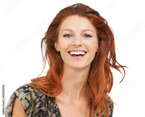 Fotografi Laughing, portrait and red head woman with beauty, natural makeup and cosmetics