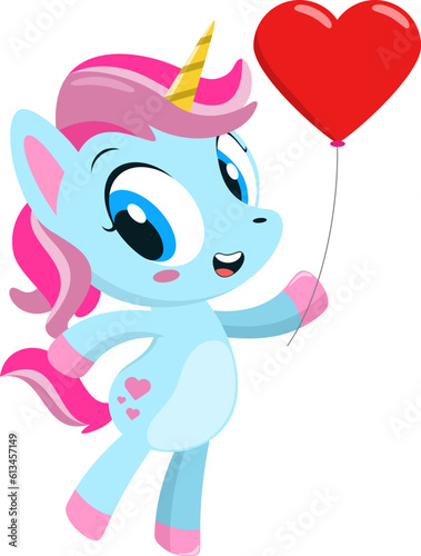 Cute Magical Baby Unicorn Cartoon Character Holding Up A Heart Balloon. Vector Illustration Flat Design Isolated On Transparent Background © HitToon.com