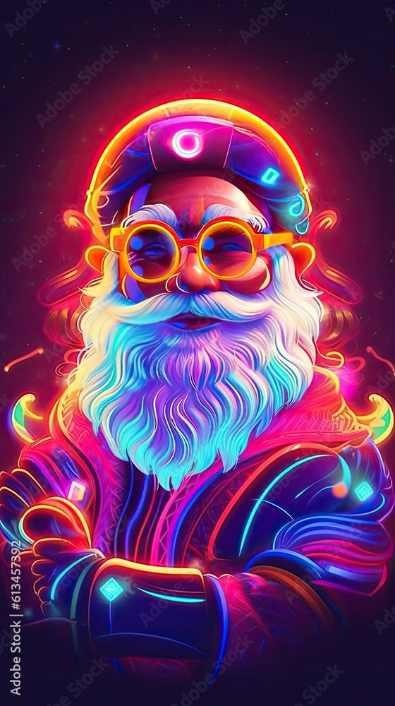 Fototapeta premium Kawaii style Santa Claus character in neon style illustration. Christmas and New year holiday neon design. Generative AI