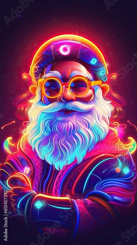 Kawaii style Santa Claus character in neon style illustration. Christmas and New year holiday neon design. Generative AI © tanyastock
