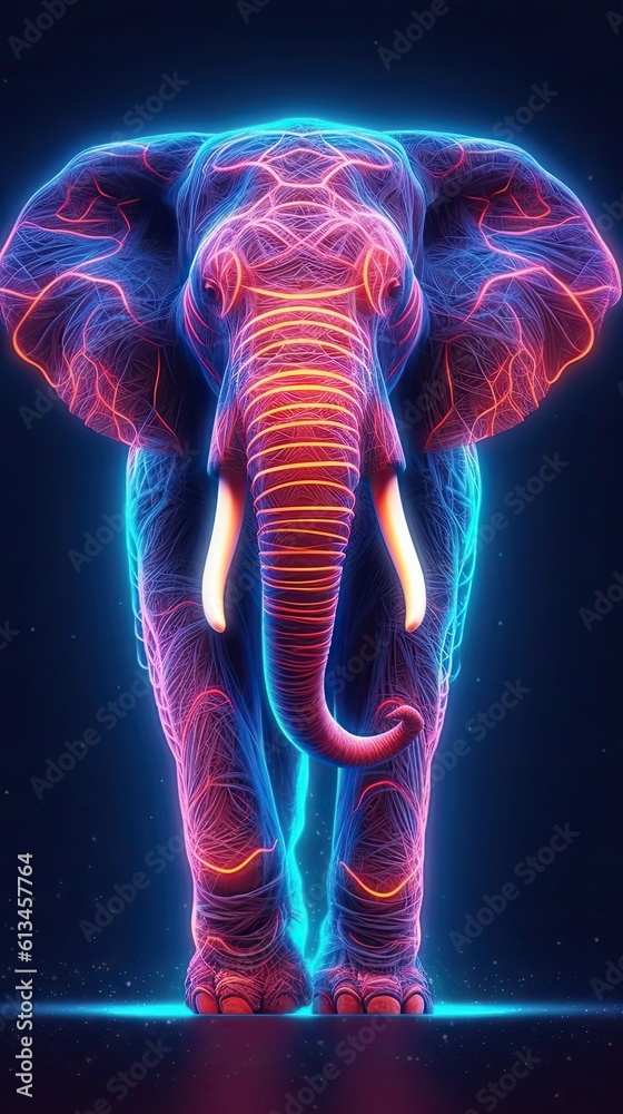 Neon light Elephant animal on black background. Portrait of glow light animal. Generative AI