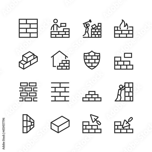 Brick wall, linear style icons set. To build with bricks. Brickwork. A wall of bricks. Editable stroke width