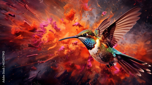 Hummingbird among explosions of multi colored paint. Multicolored fluid. AI Generative.