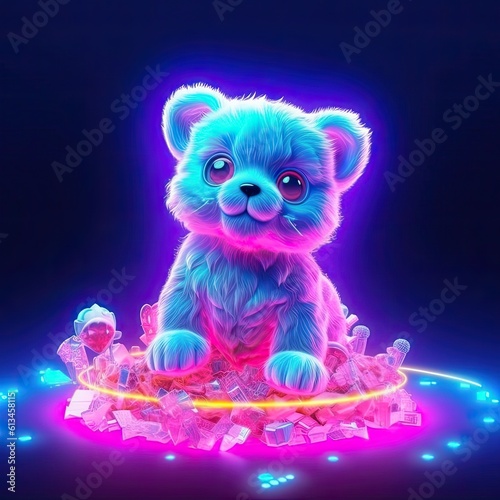 Cute Pomeranian animal in neon style. Portrait of glow light animal. Generative AI