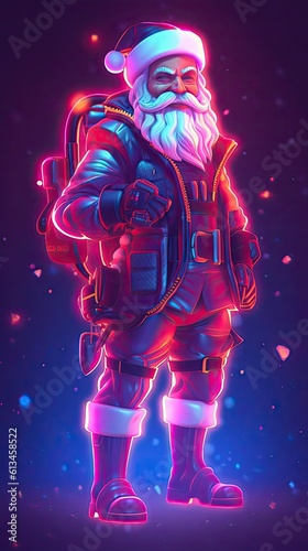 Anime style Santa Claus character in neon style illustration. Christmas and New year holiday neon design. Generative AI