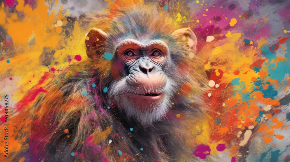 Fototapeta premium Monkey among explosions of multi colored paint. Multicolored fluid. AI Generative.