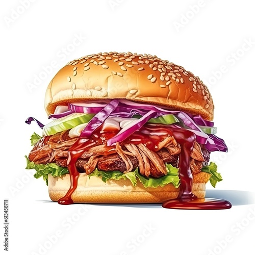 BBQ pulled pork sandwich dish isolated on white background. Generative AI