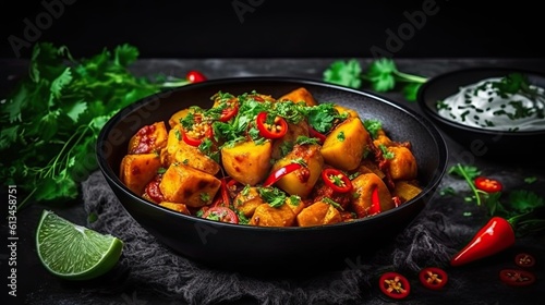 Sweet potato curry vegetarian meal on dark background. Generative AI