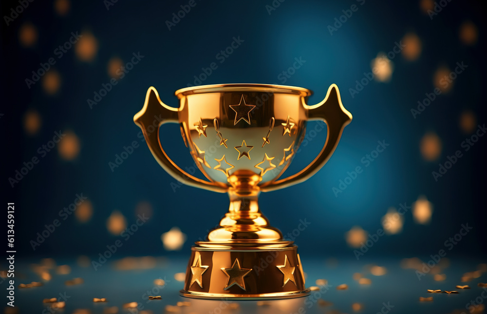 Champion golden trophy with gold stars on blue background