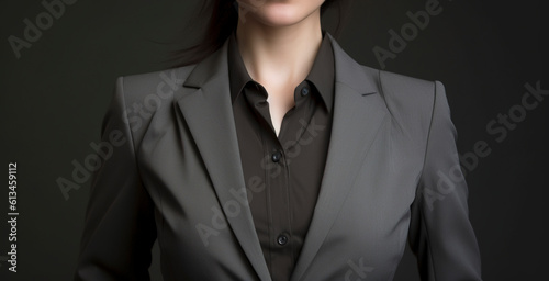 Photo of female in business suit on grey background