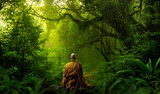 Buddhist monk observing the tropical jungle. AI generative