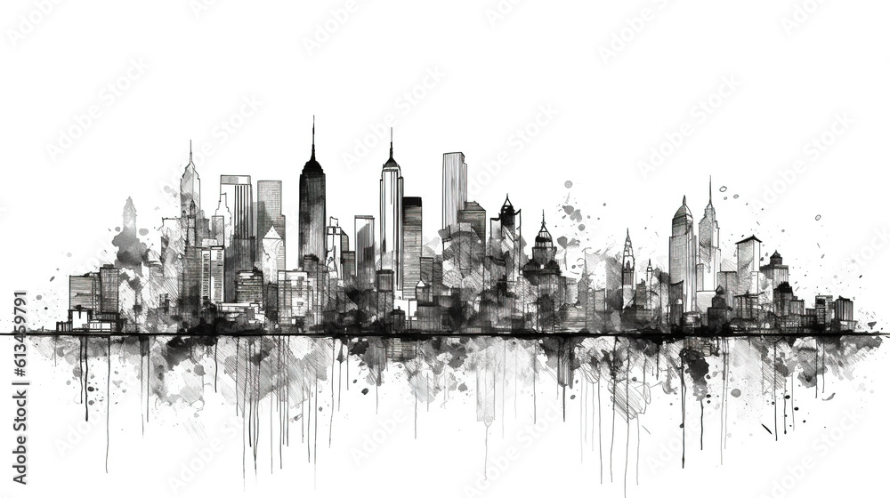 Continuous drawing black and white city sketch. Created with Generative AI technology
