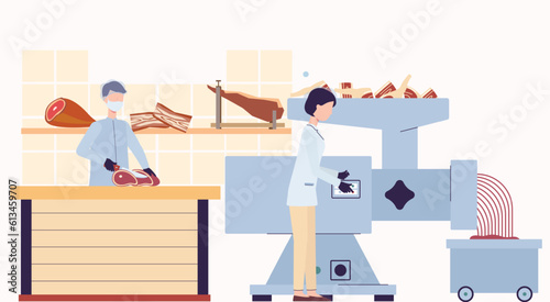Meat Factory and Meat Manufacturing Factory Manufacture Red Meat with Machine and Working with Safety in Meat Factory Processing Butcher. Natural meat production. Food manufacturing, Meat industry