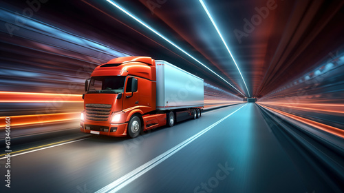 Semi Truck at speed in tunnel. Created with Generative AI technology