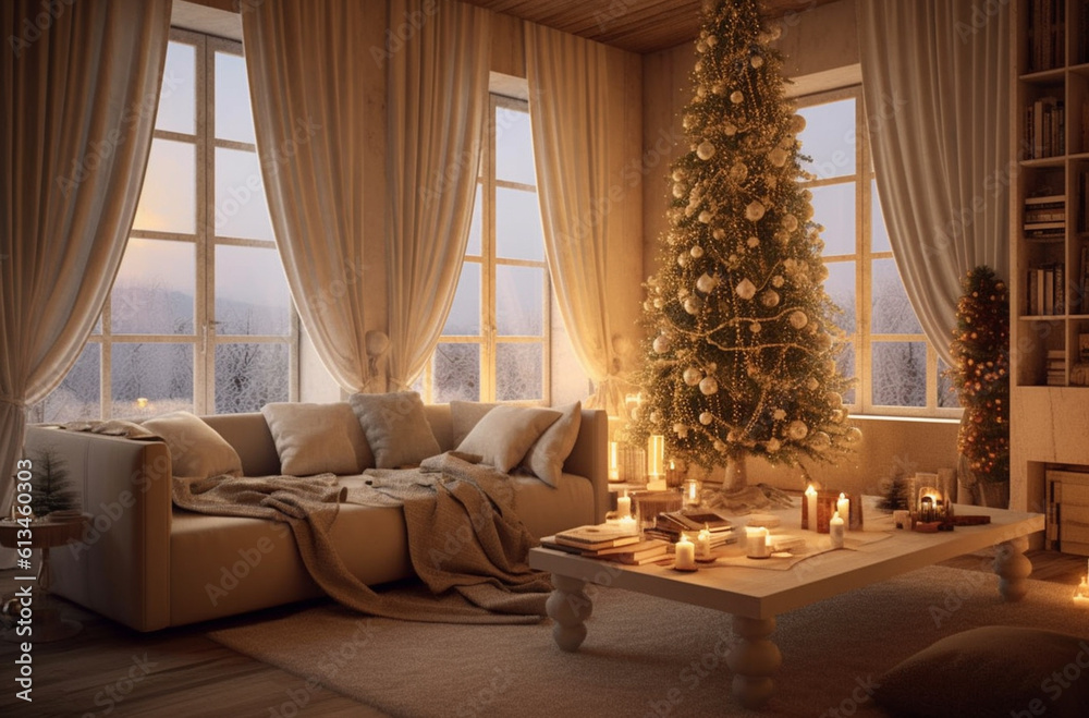 Obraz premium Living room decorated in Christmas style with Generative AI