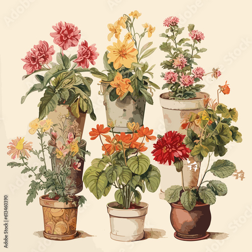 Vintage_Botanical_watercolor_Flowers in the pot , Generated AI 