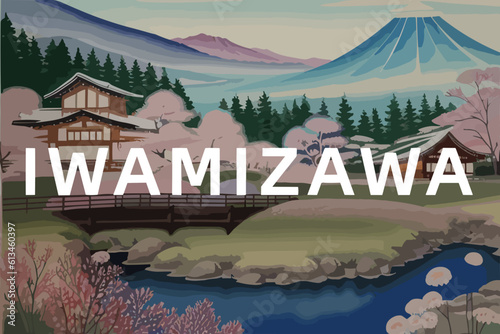 Beautiful watercolor painting of a Japanese scene with the name Iwamizawa in Hokkaidō