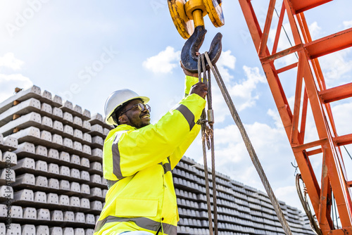 Photography Dock worker operating lifting crane to unload construction material at shipping port