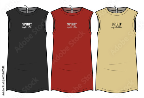 Sleeveless T-Shirt Dress with Graphic Work Fashion Illustration, Vector, CAD, Technical Drawing, Flat Drawing, Template, Mockup