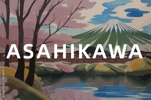 Beautiful watercolor painting of a Japanese scene with the name Asahikawa in Hokkaidō photo