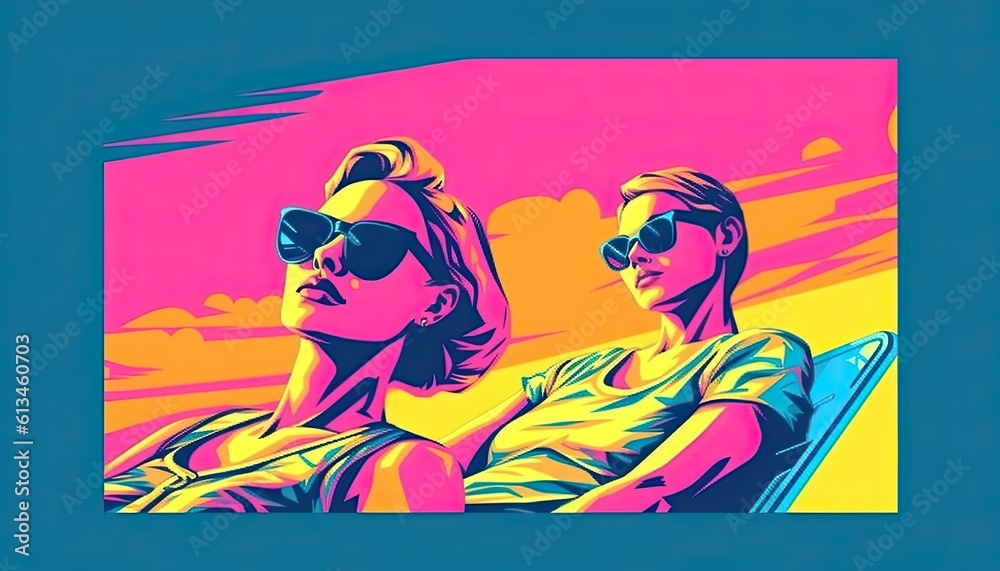 Retro style graphic of a young females sunbathing Y2K style. Neon colours.