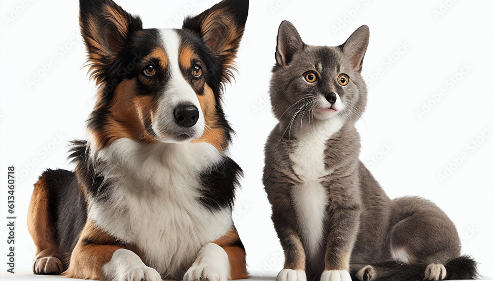A dog and a cat alone on a white background, Generative AI