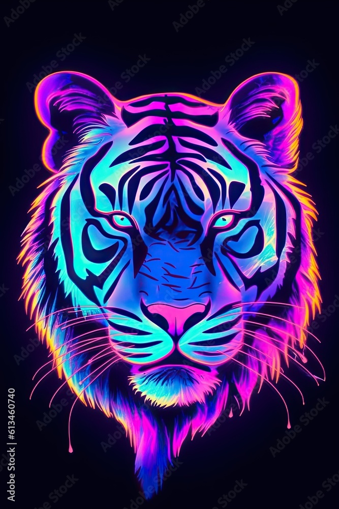 Illustrated retro futuristic neon tiger.