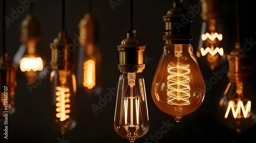 Decorative Antique Retro Edison Light Bulbs on Dark Background. Generative ai © Lucky Ai