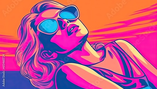 Retro style graphic of a young female sunbathing Y2K style. Neon colours.