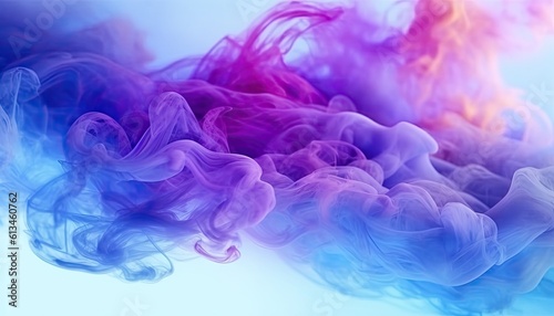 Color smoke. Paint water mix. Mysterious storm sky. Blue purple glowing fog cloud wave abstract art background with free space.