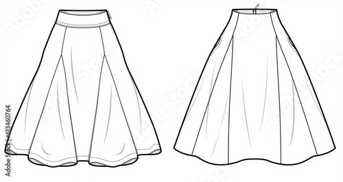 Godet Skirt, Paneled Skirt, Women Flared Skirt Fashion Illustration, Vector, CAD, Technical Drawing, Flat Drawing, Template, Mockup. 