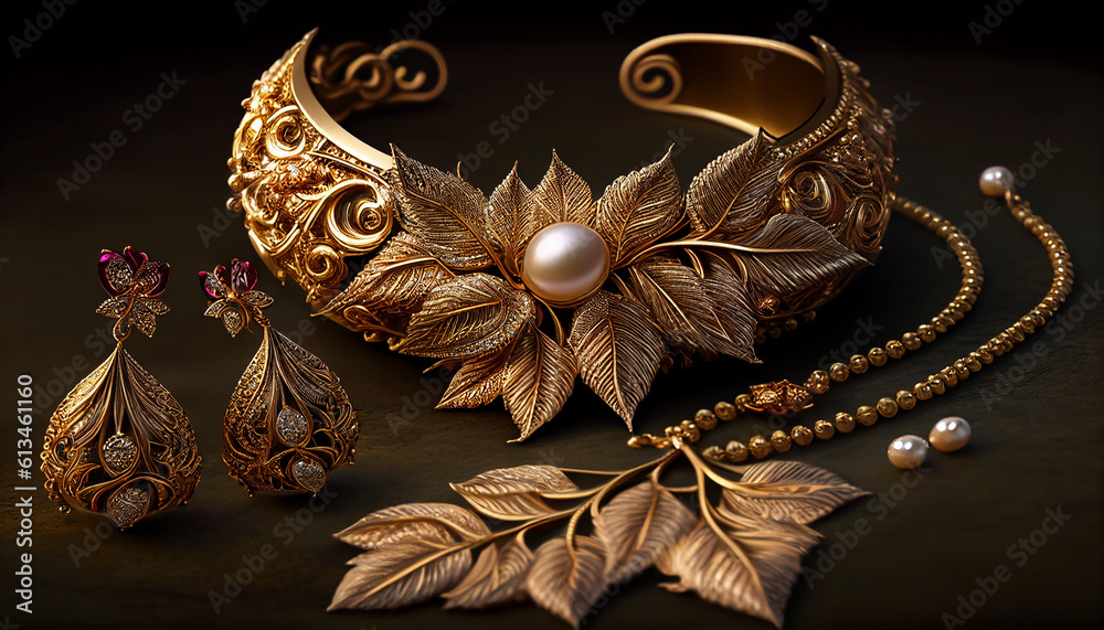 Naklejka premium Wedding jewellery set in gold, Generative AI