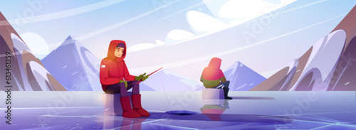 Ice winter man together fishing in hole vector illustration with mountains and lake view. Waiting to catch fish underwater river with rod entertainment on north pole landscape game banner concept.
