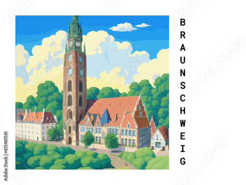 Braunschweig: Vintage artistic travel poster with a German scenic panorama and the title Braunschweig