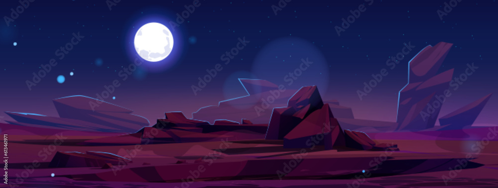 Empty night desert landscape under full moon light in starry sky. Vector cartoon illustration of rocky canyon, cliffs and sand, hot red rock, empty alien planet territory with stones. Game background