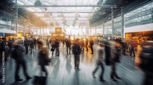 Transit Hub Activity: People in Motion Blur at Busy Train Station. 