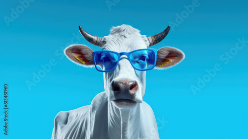 Quirky Bovine: Amusing Cow Wearing Sunglasses in a Studio. 