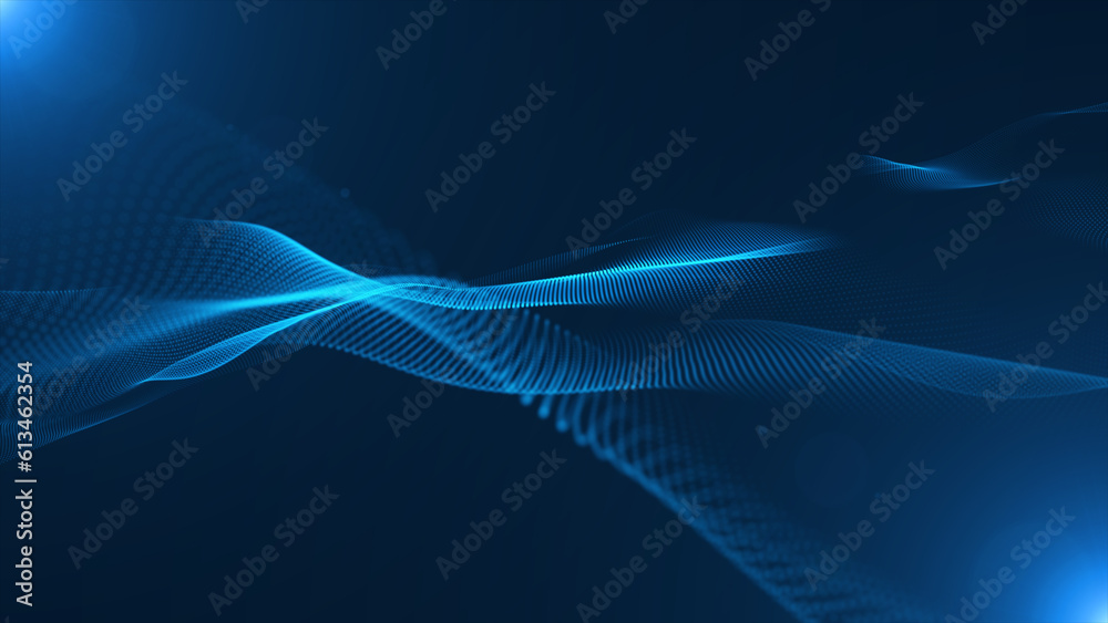 Futuristic point wave. Cyber big data flow. Blockchain data fields. Network line connect stream. Big data technology. Concept of AI technology, digital communication. 3d rendering Futuristic point wave. Cyber big data flow. Blockchain data fields. Network line connect stream. Big data technology. Concept of AI technology, digital communication. 3d rendering