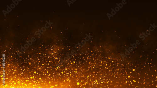 Abstract Orange Particles on Black Background and optical flares. Orange glowing light glitter background effect. Magic glow sparkling texture. 3d rendering