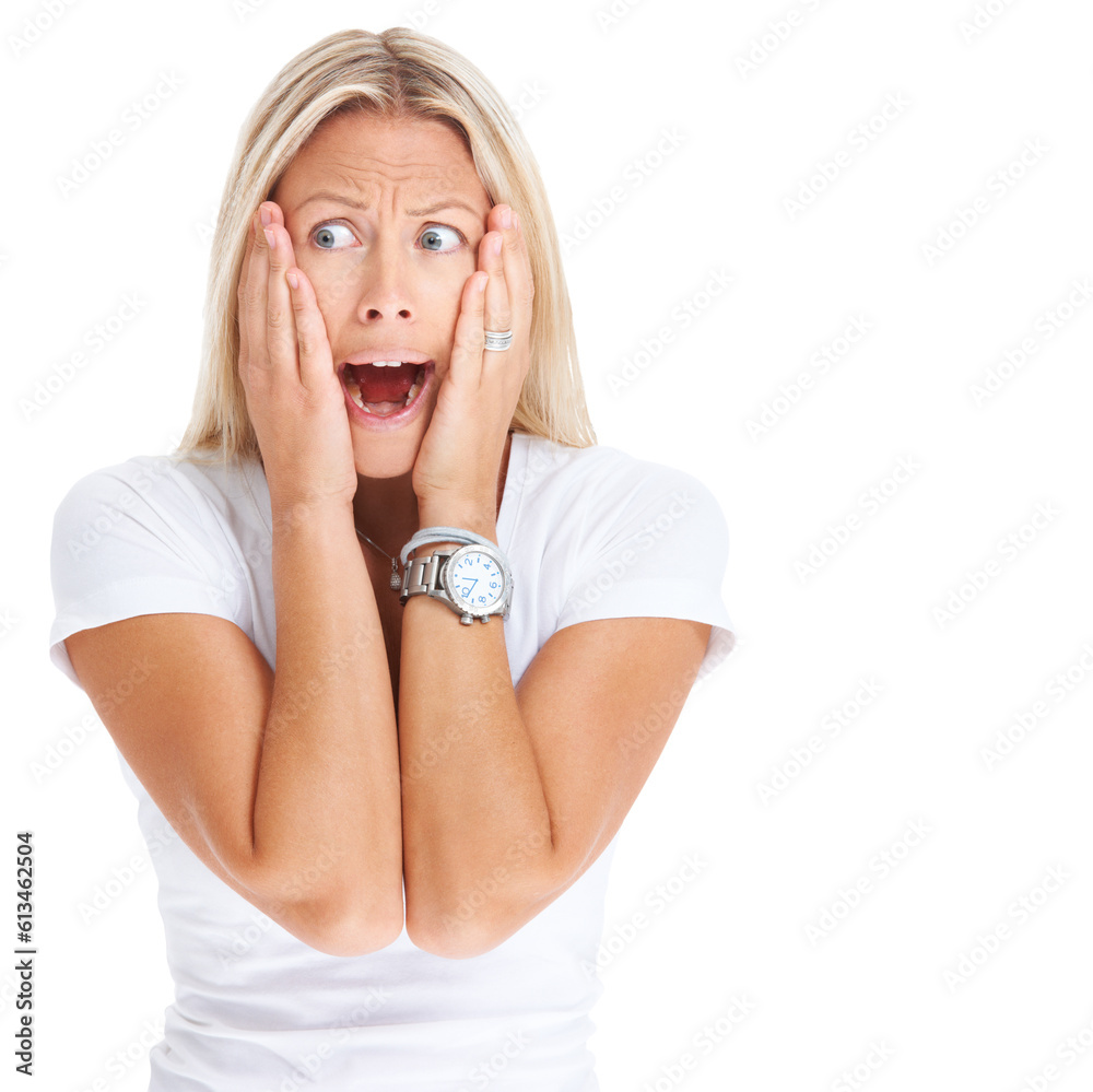 Isolated woman, scared and shocked with hands on face, thinking and paranoid by transparent png background. Girl, fear and terror with worry, anxiety and horror for mistake, fail and mental health
