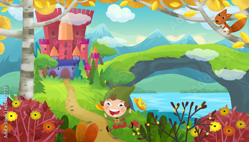 cartoon scene with cheerful smiling dwarf near fairy tale magical castle illustration for children © honeyflavour